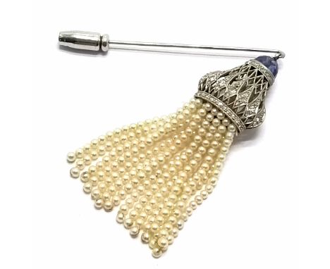 Unusual antique unmarked platinum pin set with diamonds &amp; facet cut sapphire to top &amp; with pearl tassel - the pin is 