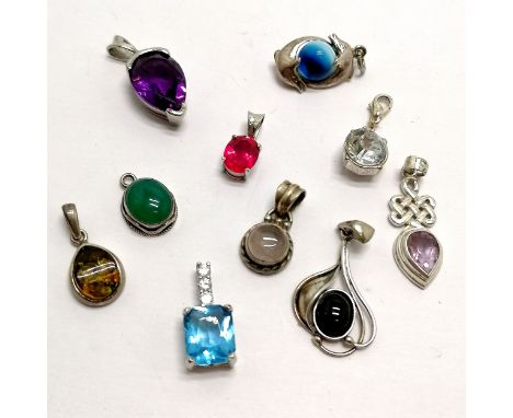 8 x silver pendants (5 marked silver inc amethyst &amp; synthetic ruby, 3 unmarked silver inc amber) - total weight 24g t/w 2