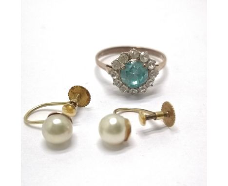 Unmarked gold cluster ring set with blue topaz &amp; white sapphire - size N½ t/w 9ct gold pair of faux pearl screw on earrin