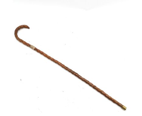 Antique briar wood walking stick with indistinctly hallmarked silver collar 86cm long - no obvious damage 