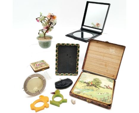 2 x Plastic napkin rings (rabbit + bird 6.4cm) t/w Chinese glass model of a tree, vanity mirror with embroidered top, cased s
