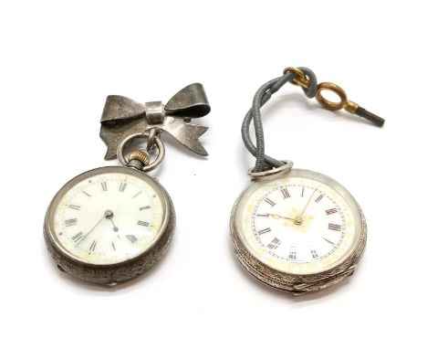 2 x antique silver cased ladies fob watches (smallest 32mm diameter &amp; has silver bow to top) - total weight 77g (inc key)