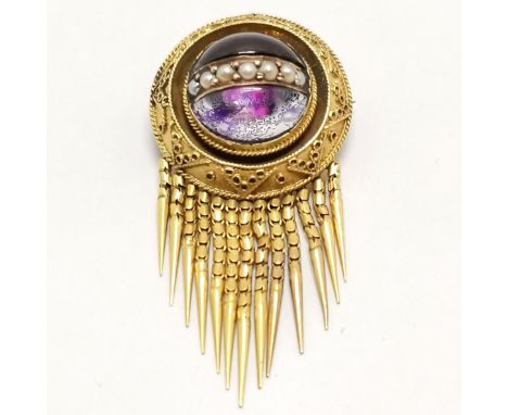 Antique unmarked 15ct gold brooch set with cabochon foil backed rock crystal &amp; seed pearl &amp; etruscan drop detail - 3.