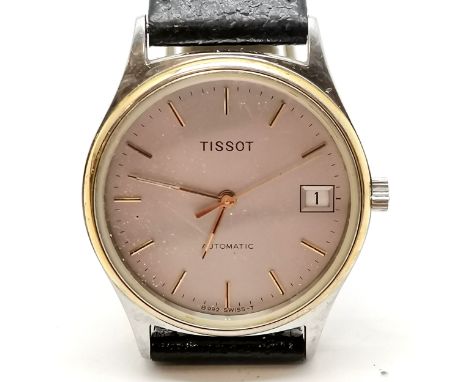 Tissot automatic gents wristwatch with exhibition back - 32mm case &amp; has scratches to glass and running BUT WE CANNOT GUA