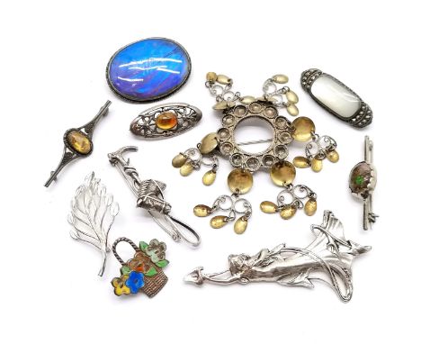 Qty of silver brooches (some unmarked) inc butterfly wing brooch by Charles &amp; Walter Padgett, Art Nouveau style lady &amp