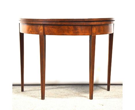 George III mahogany demi lune card table, foldover top with crossbanding and stringing, baize lined interior, square tapering