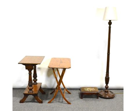 Oak and mahogany two tier stand, on splayed legs, 57 x 38cm, height 77cm; an Edwardian folding coaching table; a stool and a 