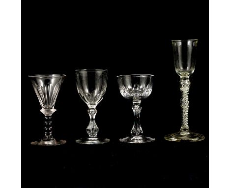 A collection of twenty-five antique wine, cordial, ale glasses to include a 17cm cordial glass with six strand air twist stem