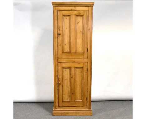 Reclaimed pine housekeeper's cupboard, moulded cornice, fitted with two doors, plinth base, width 75cm, depth 40cm, height 20