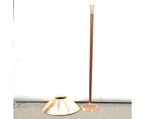 Mid-century modern teak standard lamp, opaque shade, brushed copper finish reflector, height 170cm.