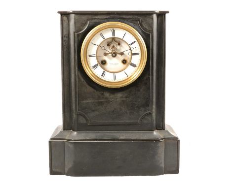 Black marble mantel clock, enamelled chapter-ring, visible escapement, French eight-day cylinder movement, signed, but concea