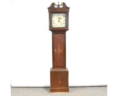 Inlaid oak longcase clock, circular painted dial, signed Robotham, Leicester, with date aperture, the dial fixed with a paint