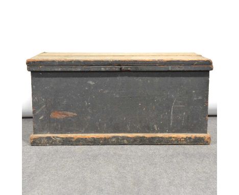 Old pine tool chest, width 93cm, height 46cm, containing some tools.