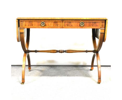 Reproduction Regency style mahogany sofa table, satinwood banding, D-shape leaves fitted two frieze drawers, X-shaped under-s