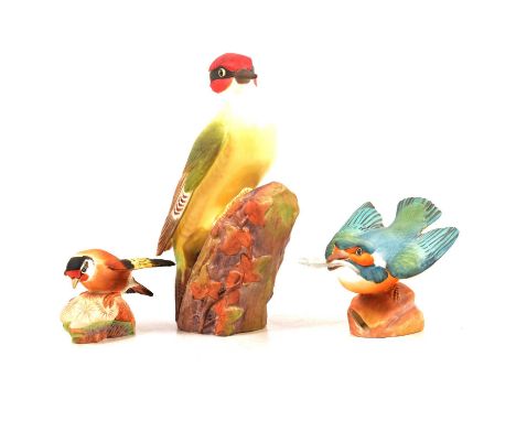Collection of Royal Worcester bird models, mostly British garden birds, woodpecker, kingfisher, etc.