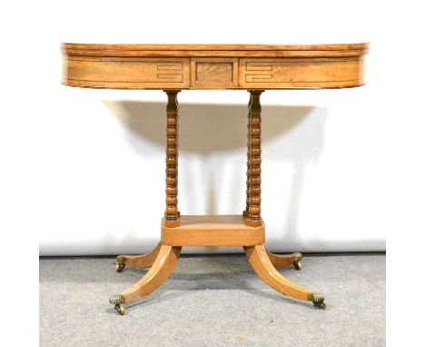 Regency mahogany bowfront tea table, the freize with a tablet and stringing, on four bobbin turned supports resting on a plat