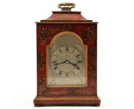 Red chinoiserie style cased mantel clock, by Hunt &amp; Roskell, arched silvered dial with scrolled engraving, black enamel R