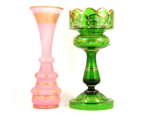 Box of decorative glass including a painted glass mosque lantern, Victorian green glass and enamelled lustre (lacking prisms)