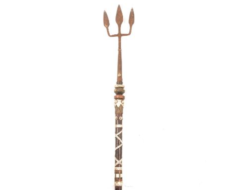Mandinka tribal hat; fly whisk; sword; spear with trident tip, 175cm.Qty: 4