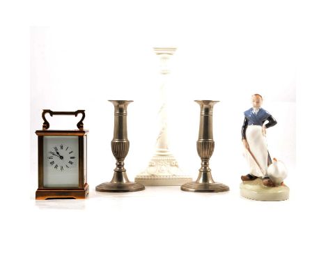 French glass case carriage clock, timepiece movement; pair of pewter candlesticks; Royal Copenhagen figure of goose girl; and