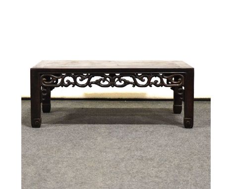 Chinese hardwood low table, Ming style, open scroll apron, moulded legs, 42 x 74cm, height 28cm.Condition report:Top is heavi