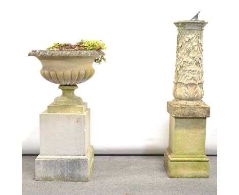 Cast concrete campana urn, on plinth, 110cm, and a concrete sundial.Qty: 2