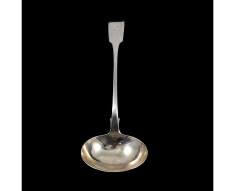 Irish silver soup ladle, JS, Dublin 1871, fiddle pattern handle with engraved crest, 34cm, 9ozt.