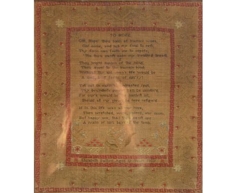 George III needlework sampler, with a verse "To Hope" above a bird and flowers, trellis border, by Elizabeth Sutton, aged 12 