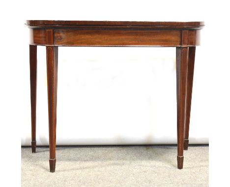 George III mahogany card table, satinwood banding and stringing, D-shape foldover top, baize-lined interior, square tapering 