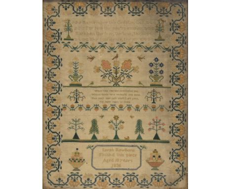 William IV needlework sampler, with a verse "Remember thy creator..." interspersed with flowers, meandering border, by Sarah 