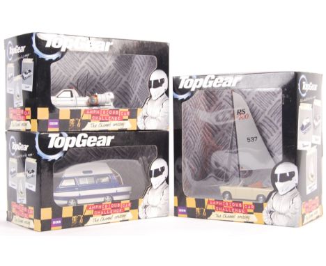 A set of BBC Top Gear Amphibious Car Challenge The Chanel Crossing 1/43 scale diecast vehicles to include; Dampervan, Nissank