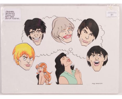 Andy Arnold British Contemporary Artist - An original hand drawn and coloured caricature sketch of The Rolling Stones featuri