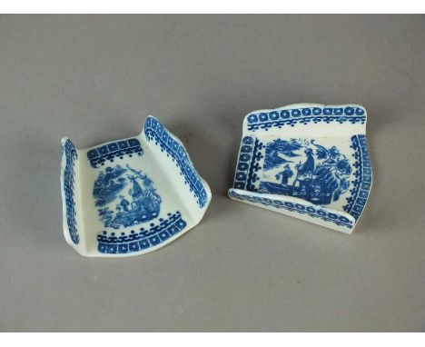 Two Caughley 'Pleasure Boat' asparagus servers circa 1780-85 transfer-printed in underglaze blue with cell diaper borders, si
