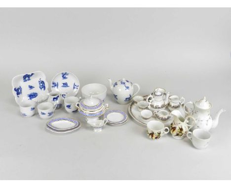 A Copeland Spode child's teaset printed in underglaze blue with dogs, birds, rabbits and stags, comprising teapot, slop bowl,