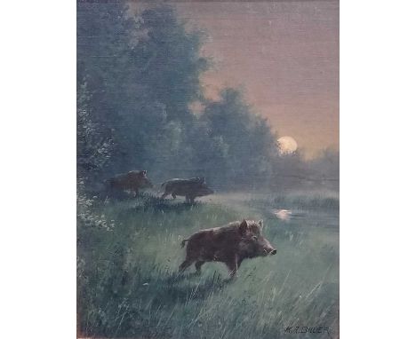 K A Bauer, 'Blackgame', 'Forest Hogs', signed lower left and right, titled verso, tryon gallery labels verso, oil on board, 3