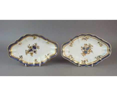 A pair of Caughley dessert 'Dresden Flowers' dessert centre dishes circa 1785-90 of lozenge form, decorated in cobalt and gil