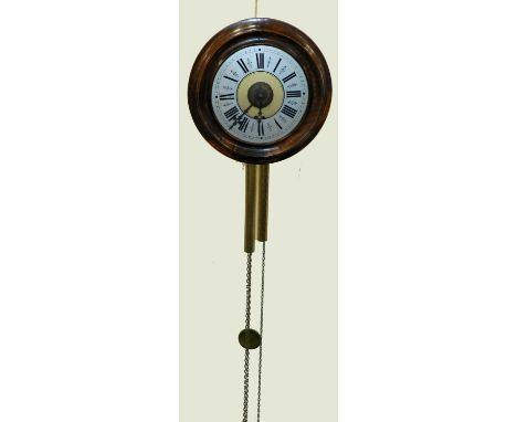 A postman-type mahogany alarm wall clock, with silvered chapter ring.