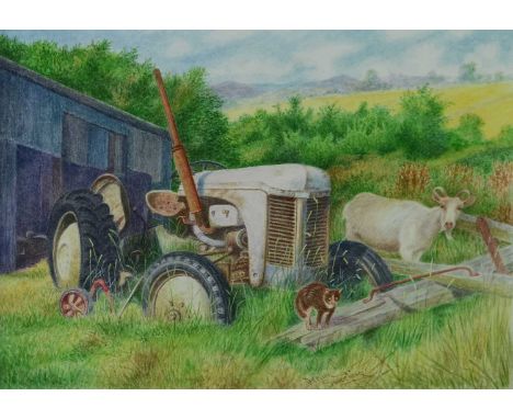 Denby Sweeting (British 1936-2020), Tractor and Farm Animals, watercolour, signed bottom right, mounted and framed. Measureme