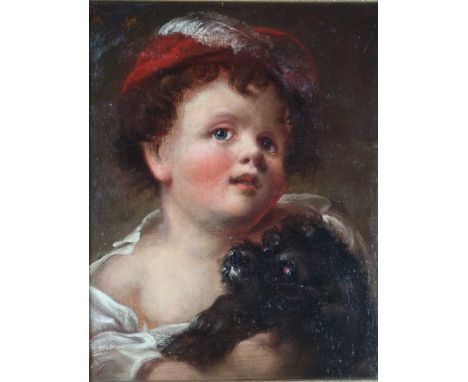 Portrait of a Young Boy and Black Dog, oil on canvas, framed. Measurements 33 x 25 cm, frame 43 x 35.5 cm