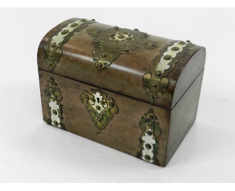 A Victorian brass bound walnut tea caddy, of dome-topped form, 22.5cm wide.