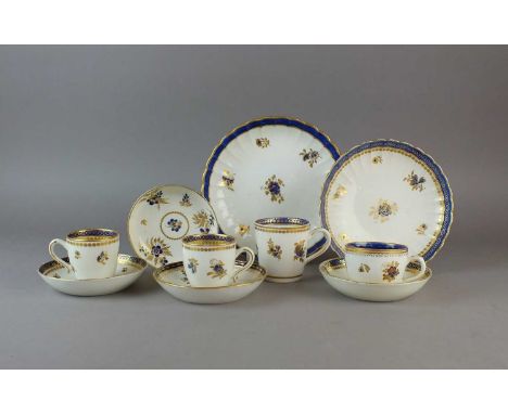 An assembled group of Caughley 'Dresden Flowers' porcelain circa 1786-93 typically decorated in cobalt and gilt, comprising t