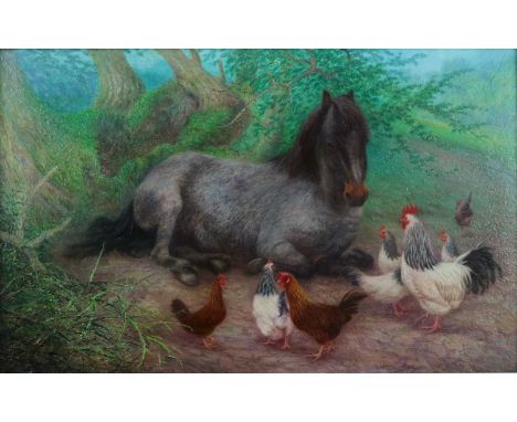 Denby Sweeting (British 1936-2020), Pony and Hens, signed bottom right, oil on panel, framed. Measurements 23 x 36 cm, frame 