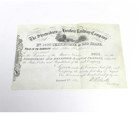 A share certificate for the Shrewsbury and Hereford Railway Company, assigned to John Hughson of Liverpool in 1846, print and