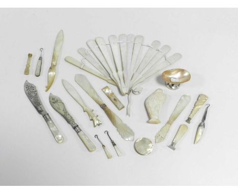 A group of mother of pearl and other bijouterie, 19th/20th Century, including a Chinese fan (at fault), fish snuff bottle, ne
