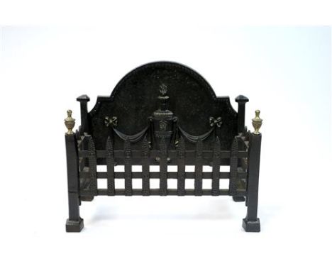 A reproduction cast iron fire basket, loosely in the Adams style, the domed back plate with embossed lantern and trailing swa