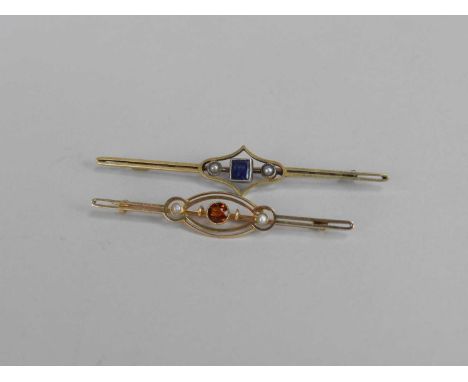 An untested sapphire and seed pearl bar brooch, not stamped, together with a citrine and seed pearl bar brooch, stamped '15ct