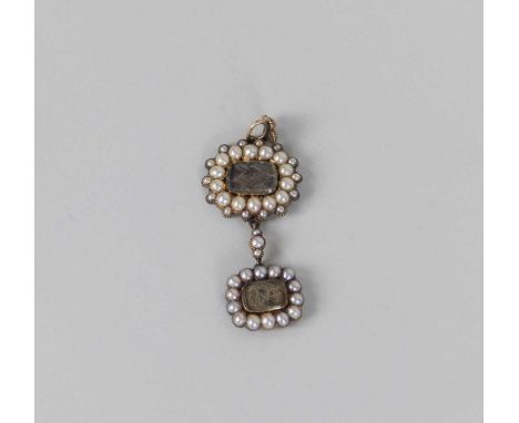 A mid-19th century split seed pearl set mourning pendant, designed as a central plaited hair plaque glazed within graduated s