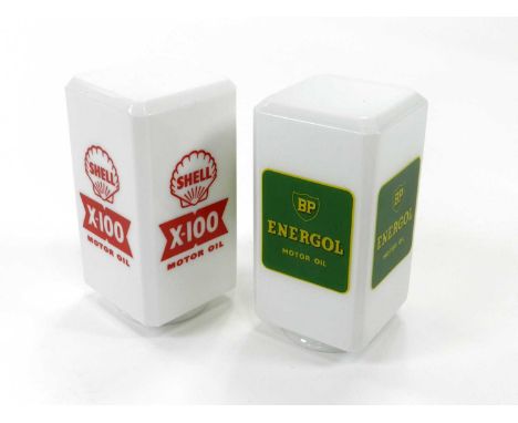 Two motor oil advertising light shades, for BP and Shell, of square section in opaque white glass with printed decals, 21cm h