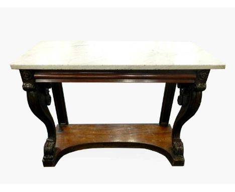 A late Victorian mahogany marble-topped console table, with single frieze drawer raised on scroll supports on a shaped plinth