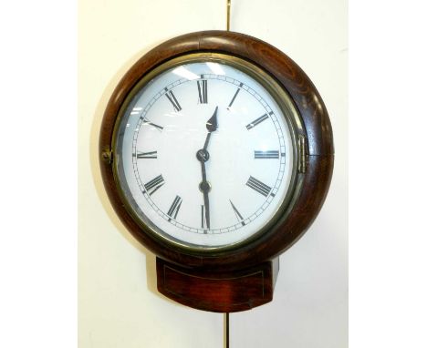 A small mahogany drop-dial style wall clock, first quarter 20th century, together with a circular oak weight-driven postman-t